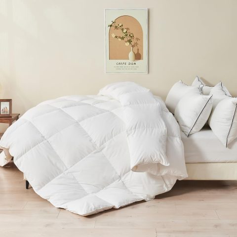 Feather Down Comforter , Luxury Extra-Fluffy Duvet Insert, All Season Bed Comforter with Ultra-Soft Organic Cotton Case (90x90 Inch, Ivory White)