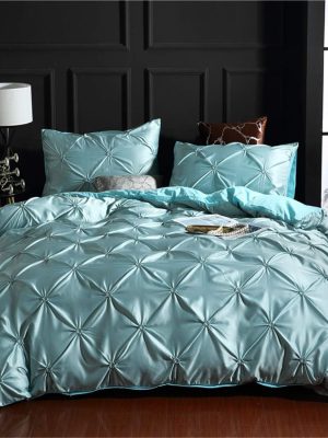 Blue Pinch Pleated Quilt Cover Queen Size Silk Like Satin Pintuck Bedding Set with Zipper Ruffle Design Luxury & Microfiber Comforter Cover Pintuck Decorative Bedspread Cover