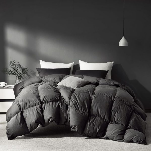 Grey Goose Feather Down Comforter Oversized Queen, Premium All Season Duvet Insert, 750+ Fill Power 1200TC Cotton Blend Fabric Hotel Style Comforter, 48 Oz Lightweight (96x96, Dark Grey)