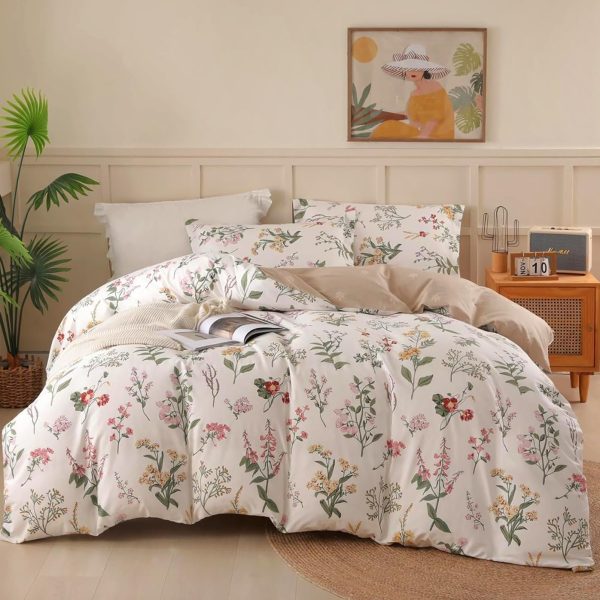 Duvet Cover Queen Size - 100% Cotton Comforter Cover Floral Duvet Cover Sets 3-PC, Breathable Duvet Cover with Zipper Closure & Corner Ties