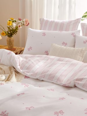Duvet Cover Full Size White Pink Bow Striped Reversible Bedding Set Kids Girls Bowknot Comforter Cover Set Soft Breathable Microfiber Quilt Cover with Zipper Closure and 2 Pillowcases