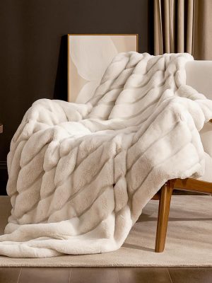 Deluxe Sheared Rabbit Faux Fur Throw Blanket, Soft Fuzzy High-Low Sculpted Plush Blanket for Couch, Cozy Home Accent, All Season Use, Beige 50"x60"