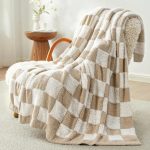 Checkered Throw Blanket Faux Fur Microfiber Blankets for Couch,Cozy Soft Warm Blanket for Sofa Bedroom Living Room,Beige Checker,50x60 inches