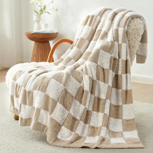 Checkered Throw Blanket Faux Fur Microfiber Blankets for Couch,Cozy Soft Warm Blanket for Sofa Bedroom Living Room,Beige Checker,50x60 inches