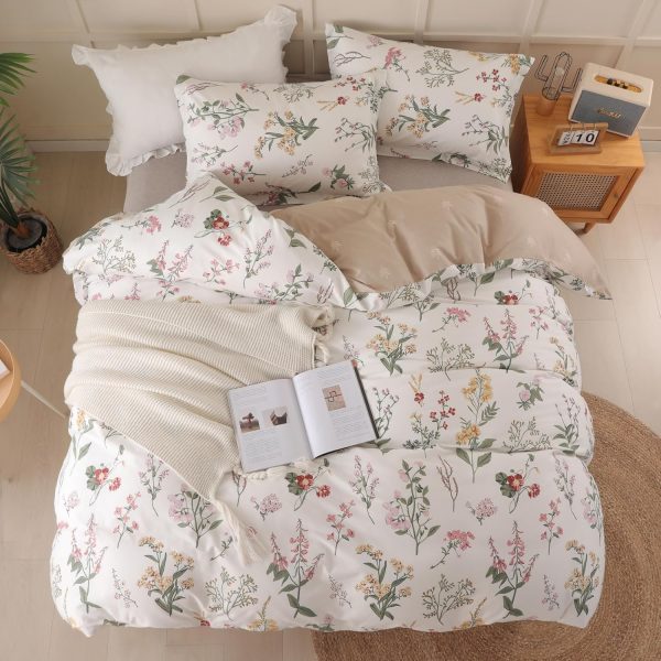 Duvet Cover Queen Size - 100% Cotton Comforter Cover Floral Duvet Cover Sets 3-PC, Breathable Duvet Cover with Zipper Closure & Corner Ties