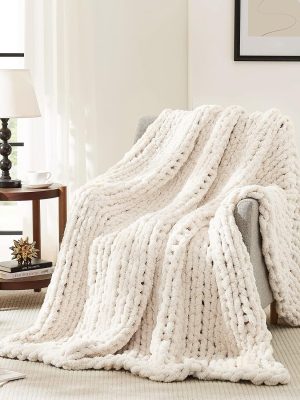 Chunky Knit Blanket Throw,Soft Chenille Yarn Throw Blanket 50x60，Handmade Cable Knit Crochet Blanket,Large Knit Blankets Chunky Yarn,Rope Knot Throw Blanket for Couch Sofa Bed Home Decor