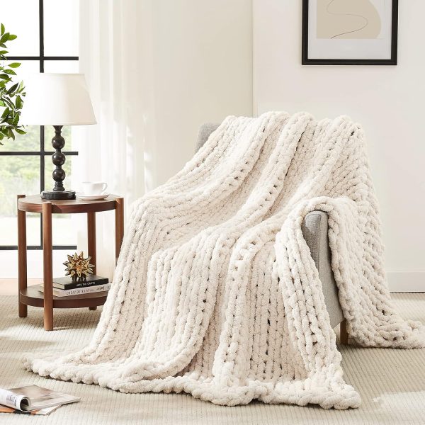 Chunky Knit Blanket Throw,Soft Chenille Yarn Throw Blanket 50x60，Handmade Cable Knit Crochet Blanket,Large Knit Blankets Chunky Yarn,Rope Knot Throw Blanket for Couch Sofa Bed Home Decor