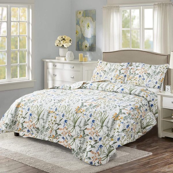 Floral Quilt Sets King Size Reversible Countryside Bedspread Coverlets Lightweight Flower Quilts Green Leaves Bed Covers for All Season,1 Quilt +2 Pillow Shams