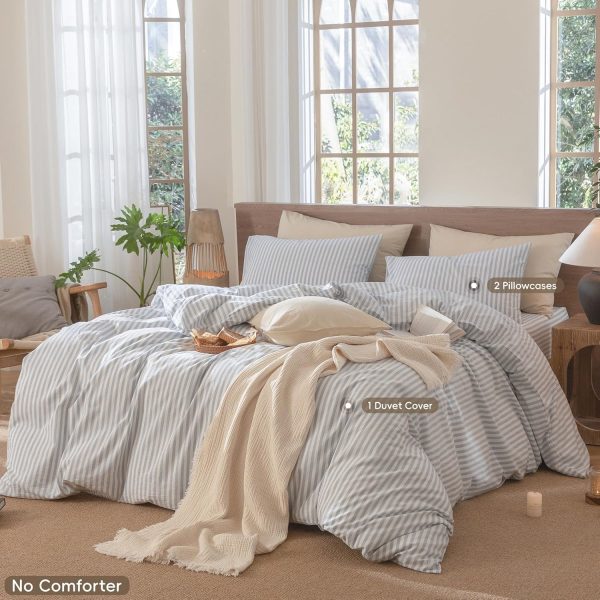 Striped Duvet Cover Set 100% Washed Cotton Linen Like Textured Breathable Durable Soft Comfy (Cornflower Blue White Classic Stripes, King 104"x90")