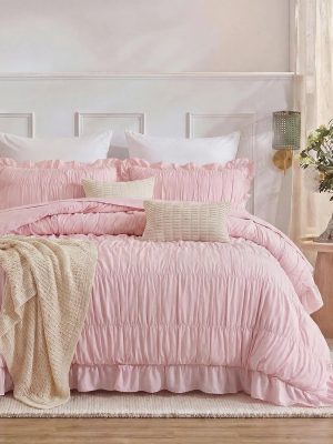 Pink Ruffle Duvet Cover Set King Size,Ruched Boho Bedding 3 Pieces Shabby Chic Luxury Wrinkle Ruffle Comforter Cover Set,Breathable and Soft Microfiber Quilt Cover Set for All Seasons