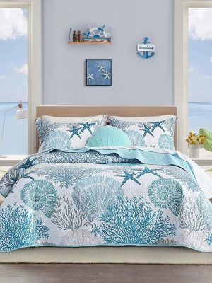 3 Piece Coastal Quilt Sets King Size - Reversible Microfiber Quilts with 2 Shams Soft Lightweight Beach Bedding Nautical Bedspread Coverlet Summer Comforter Set for All Season, 106''x96''
