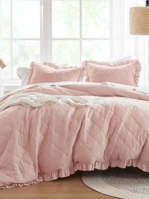 Blush Queen Duvet Cover Set - 3 Pieces Ruffle Diamond Quilted Duvet Cover, All Season Lightweight, Cotton-Like Softness Pre-Washed Microfiber Queen Bedding Cover & Shams, Queen