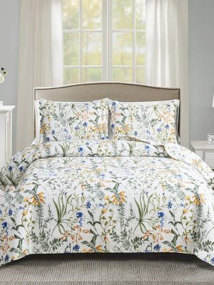 Floral Quilt Sets King Size Reversible Countryside Bedspread Coverlets Lightweight Flower Quilts Green Leaves Bed Covers for All Season,1 Quilt +2 Pillow Shams