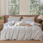 Striped Duvet Cover Set 100% Washed Cotton Linen Like Textured Breathable Durable Soft Comfy (Cornflower Blue White Classic Stripes, King 104"x90")