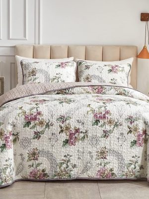 3 Pieces Quilt Set Full/Queen Size, Beige Floral Reversible Bedspread Coverlet Set, Soft Microfiber Lightweight Bed Cover for All Season (90" x 90", 1 Quilt+ 2 Pillow Shams)