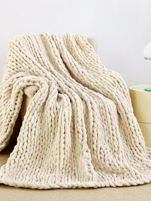 Chunky Knit Blanket Throw 51"x63", 100% Hand Knit Chenille Throw Blanket for Sofa & Home Decor, Soft and Cozy Knitted Throw Blankets (Ivory，51"x63")