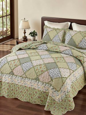 Full Queen Size Green Patchwork Quilt Set Reversible Quilted Bedspread Coverlet Set 3-Piece Floral Lightweight Comforter Stitched Bedding Set Bed Sheet Set Cover Blanket with 2 Pillow Shams