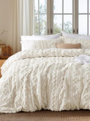 Boho Duvet Cover Queen Size, Soft & Comfortable Elegant Design Boho Bedding for Decoration, Machine Washable Comforter Cover for All Seasons,Includes 1 Duvet Cover & 2 Pillow Shams,Beige