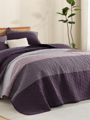 Quilt Queen Size Purple and Grey, Stripe Patchwork Summer Bedspread Coverlet 3 Pieces, Soft Lightweight Microfiber Quilted Bedding Set for All Season(1 Quilt, 2 Pillowcases)