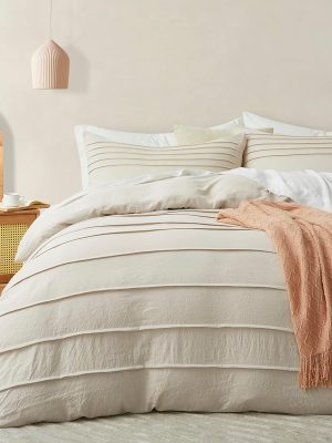 Beige Duvet Cover Queen Size - Pleated Queen Duvet Cover, 3PCS Soft and Breathable Textured Bedding Set with Zipper Closure(Beige,90"x90")