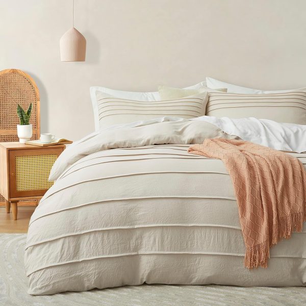 Beige Duvet Cover Queen Size - Pleated Queen Duvet Cover, 3PCS Soft and Breathable Textured Bedding Set with Zipper Closure(Beige,90"x90")
